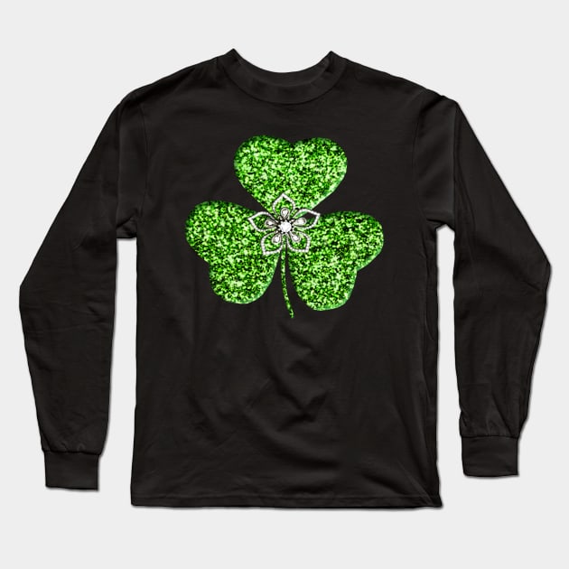 Faux Green Glitter Shamrock With A Flower Long Sleeve T-Shirt by Atteestude